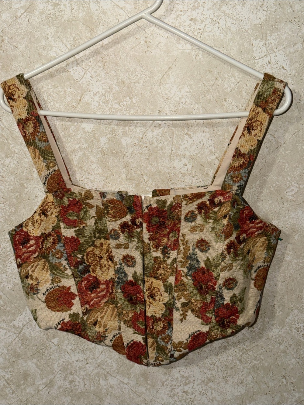 Floral Tapestry Crop Top - Beige with Multicolor Blooms